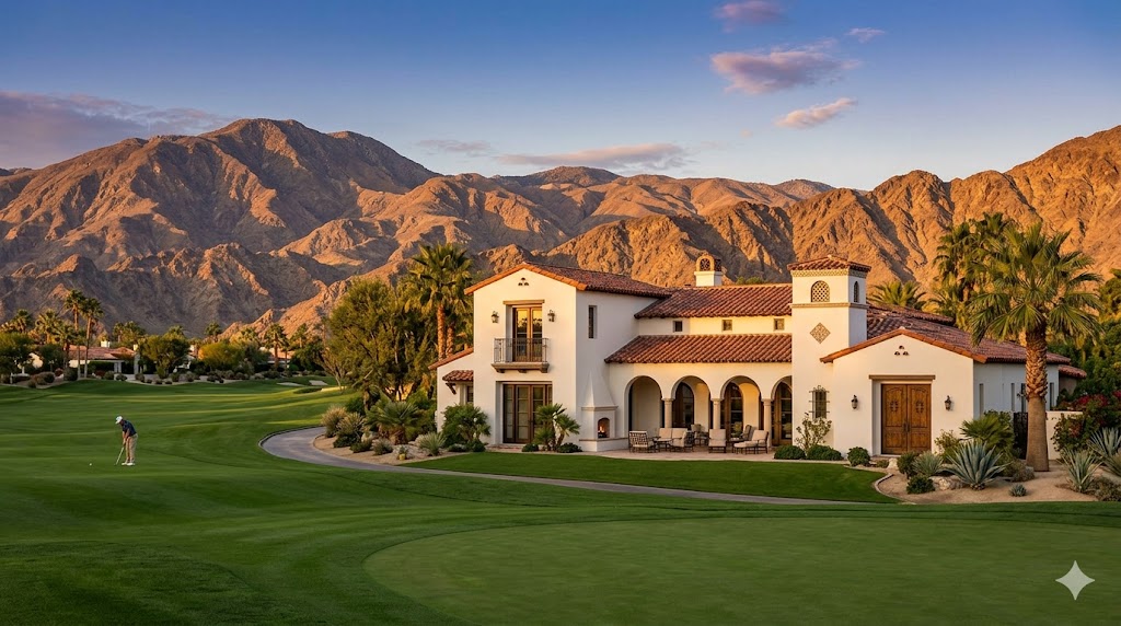 Upscale residential estate in Indian Wells surrounded by manicured desert landscaping