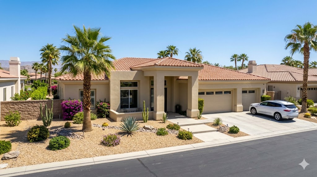 Residential homes in Palm Desert with mountain views and desert landscaping